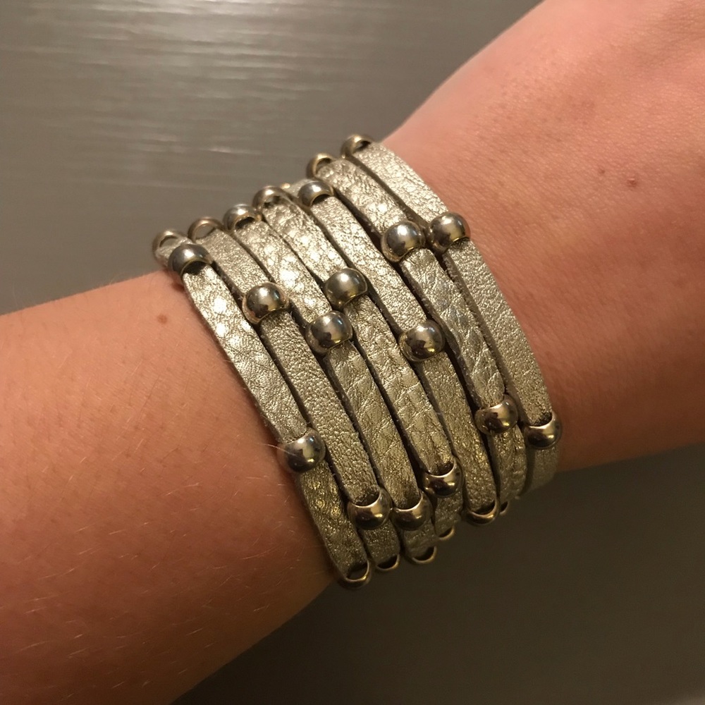 Gold multi strand bracelet leather and beads